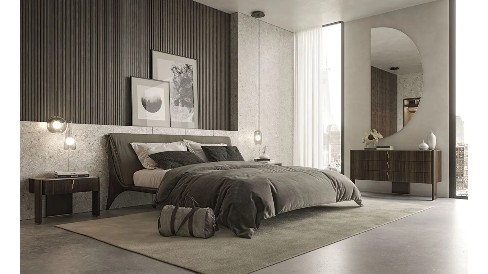 Nelson wooden bed with padded headboard by Cattelan Italia.