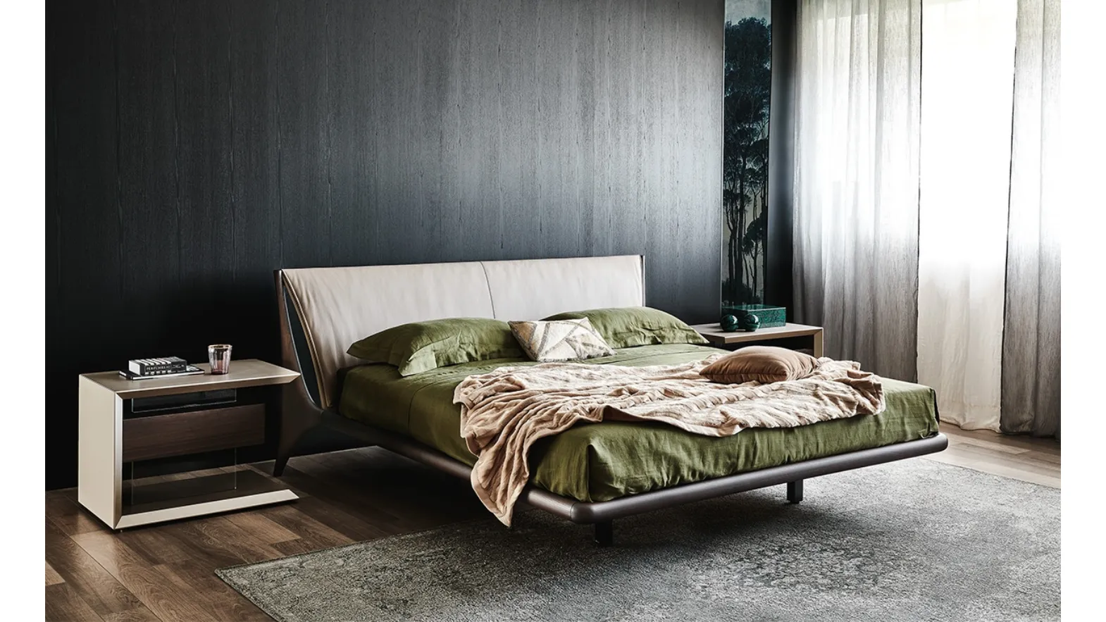 Nelson wooden bed with padded headboard by Cattelan Italia.