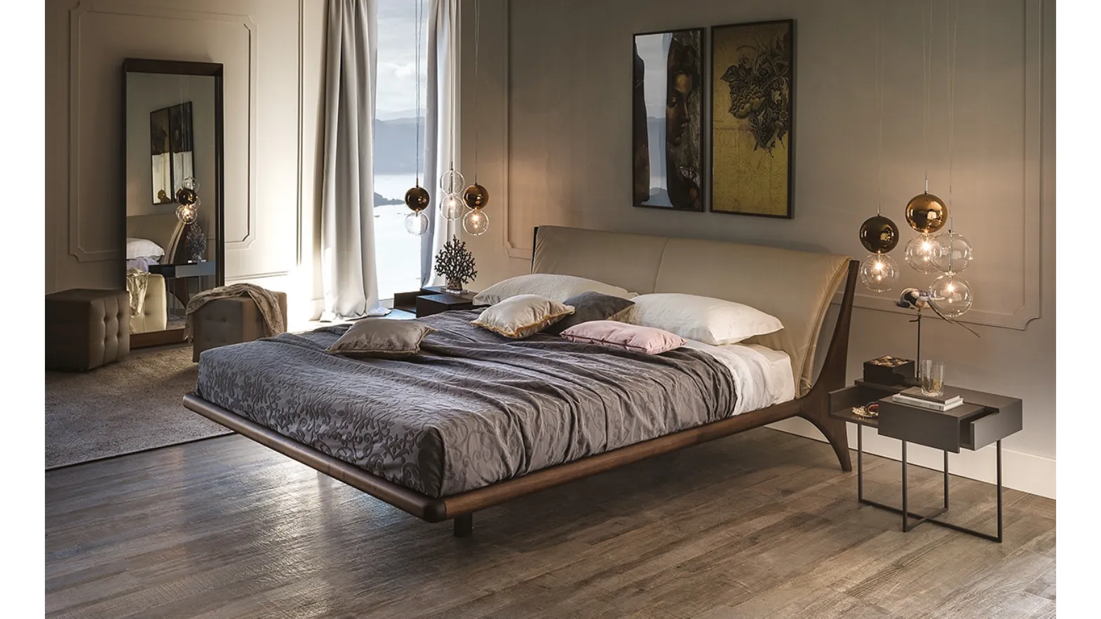 Nelson wooden bed with upholstered headboard by Cattelan Italia.