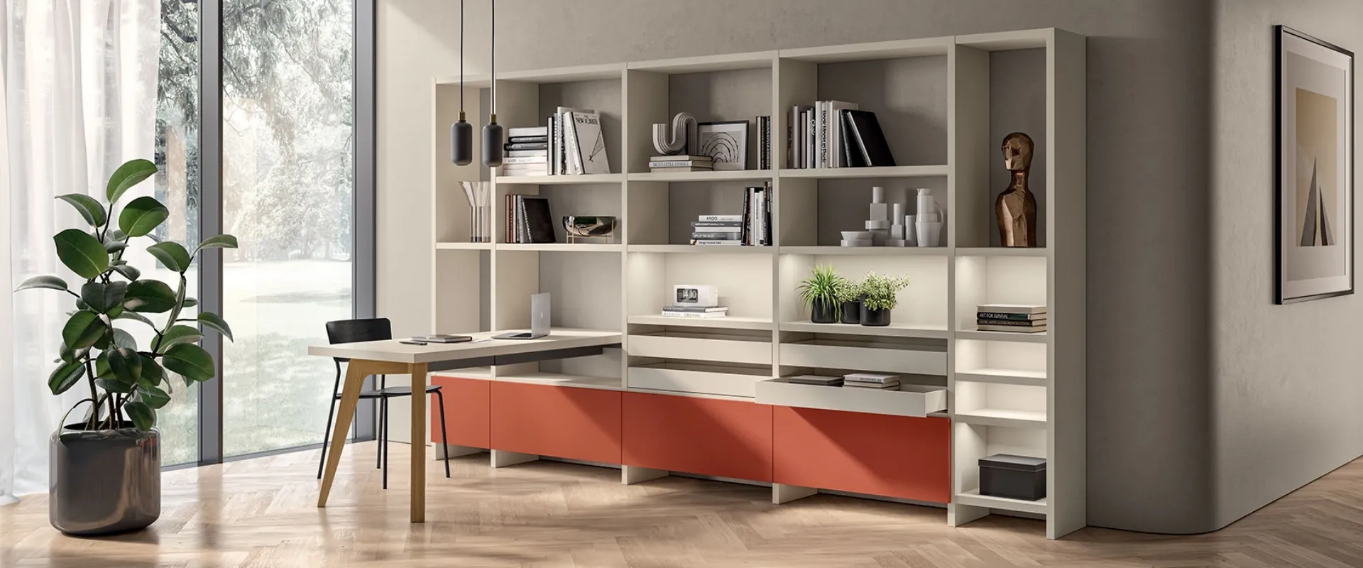 Living Motus bookcase Fluida system by Scavolini