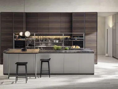 Kitchen design with HiLine 6 Titan lacquered island with columns in Molteni & C Eucalyptus.