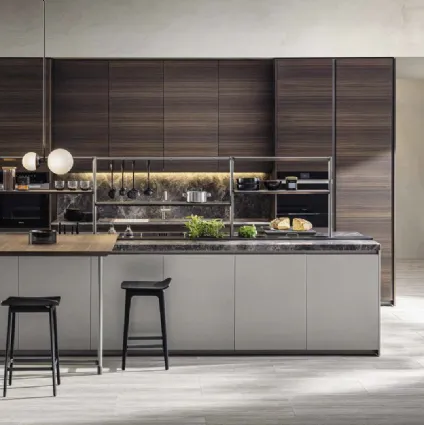 Kitchen design with HiLine 6 Titan lacquered island with columns in Molteni & C Eucalyptus.