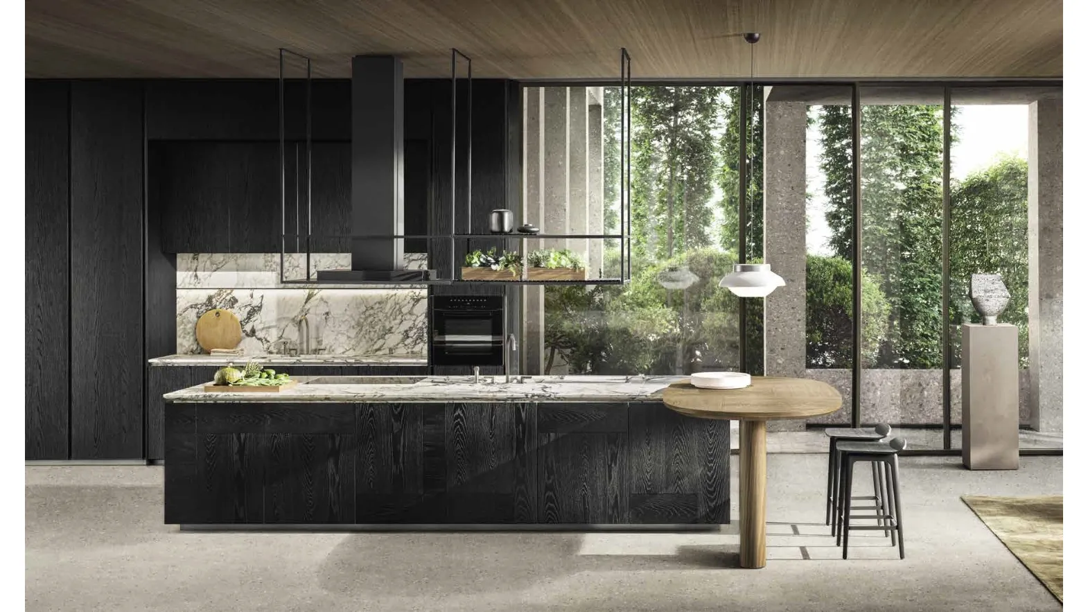 Designer kitchen with Intersection island in Black Oak with Molteni & C marble top.