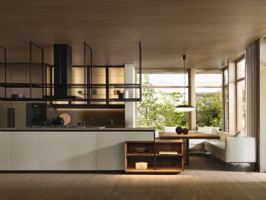 Prime Design Kitchen with island with shaped door on the top, glass wall units and dark walnut snack bar by Molteni & C.