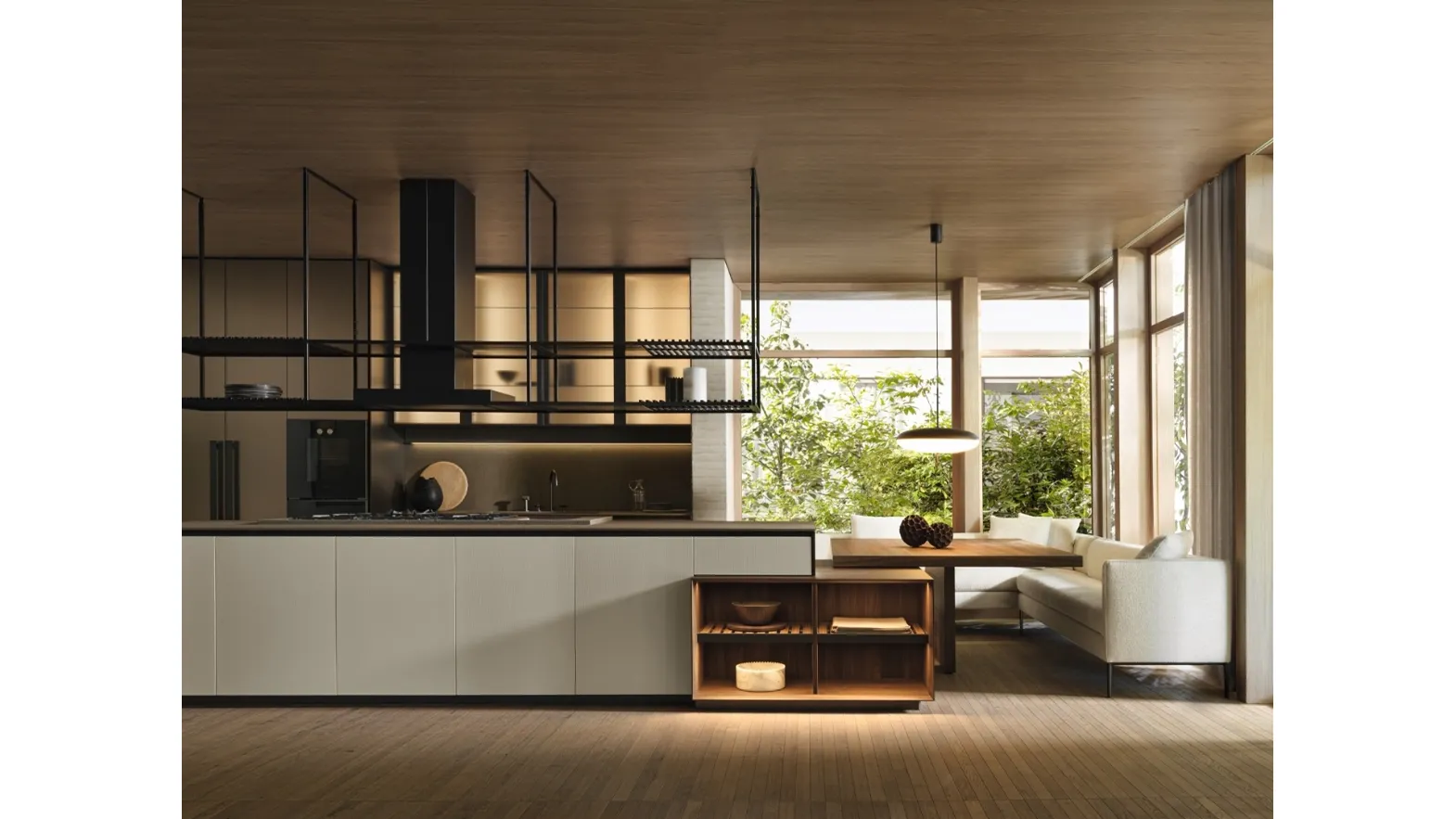 Prime Design Kitchen with island with shaped door on the top, glass wall units and dark walnut snack bar by Molteni & C.