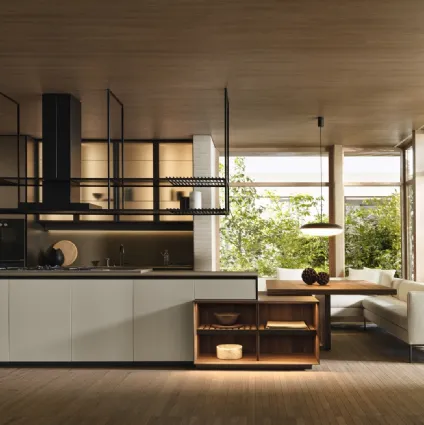 Prime Design Kitchen with island with shaped door on the top, glass wall units and dark walnut snack bar by Molteni & C.