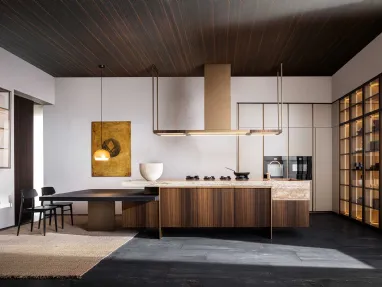 Modern kitchen design with Ratio island in Eucalyptus and Travertine marble countertop by Molteni & C.