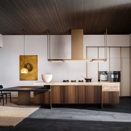 Modern kitchen design with Ratio island in Eucalyptus and Travertine marble countertop by Molteni & C.