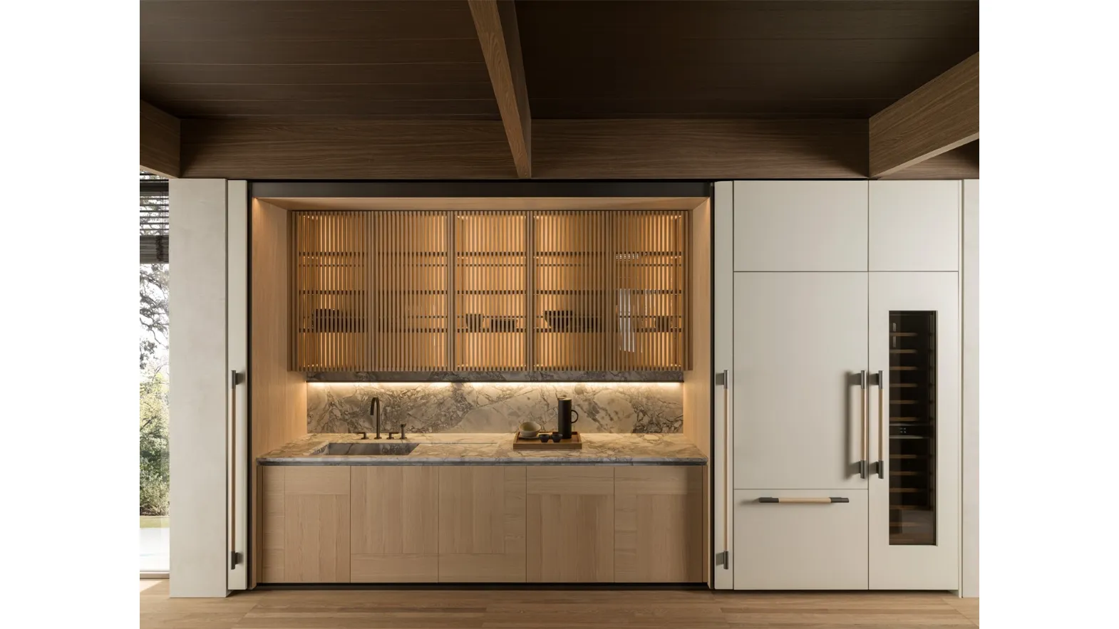 Linear design kitchen Tivalì 2|0 in Oak and Pearl lacquered with a Molteni & C marble top.