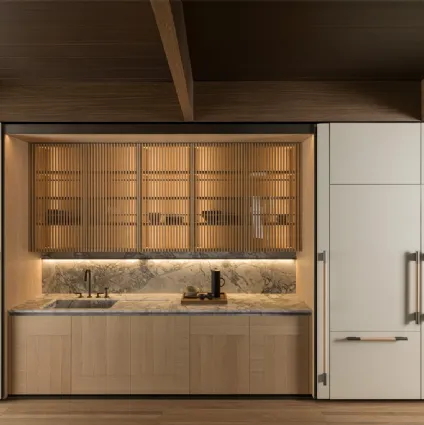 Linear design kitchen Tivalì 2|0 in Oak and Pearl lacquered with a Molteni & C marble top.