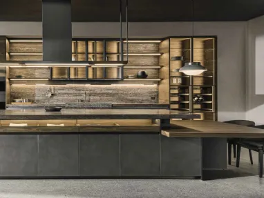 Design kitchen with VVD island in Nebula Steel and thermo oak with Molteni & C Travertine marble top.