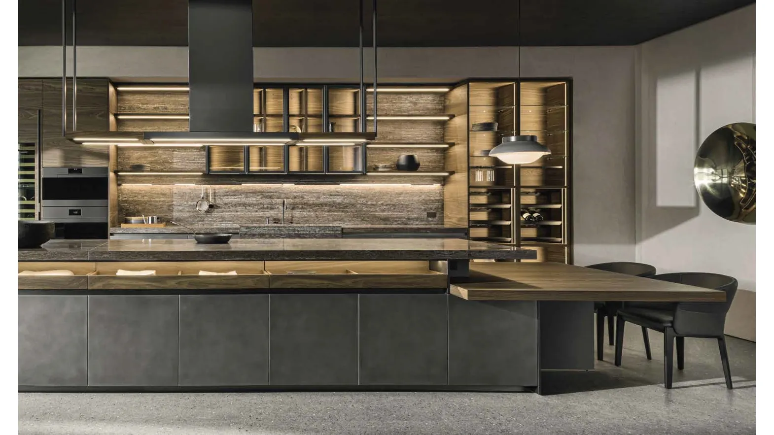 Design kitchen with VVD island in Nebula Steel and thermo oak with Molteni & C Travertine marble top.