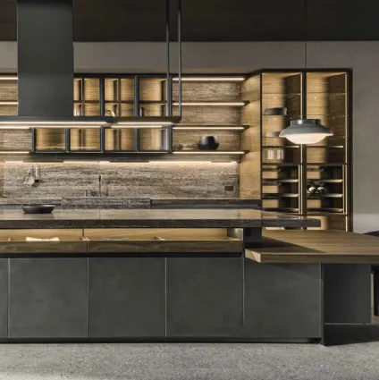 Design kitchen with VVD island in Nebula Steel and thermo oak with Molteni & C Travertine marble top.