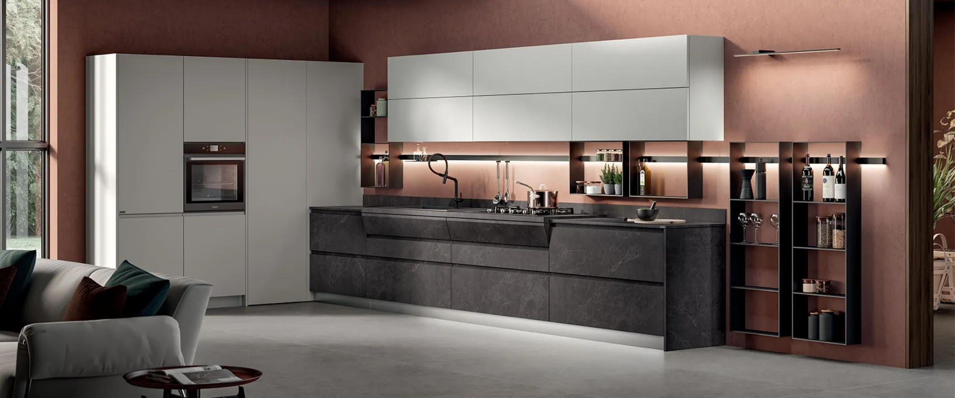 Motus Modern Kitchen in Abyss Stone and Gray Airone matt lacquer